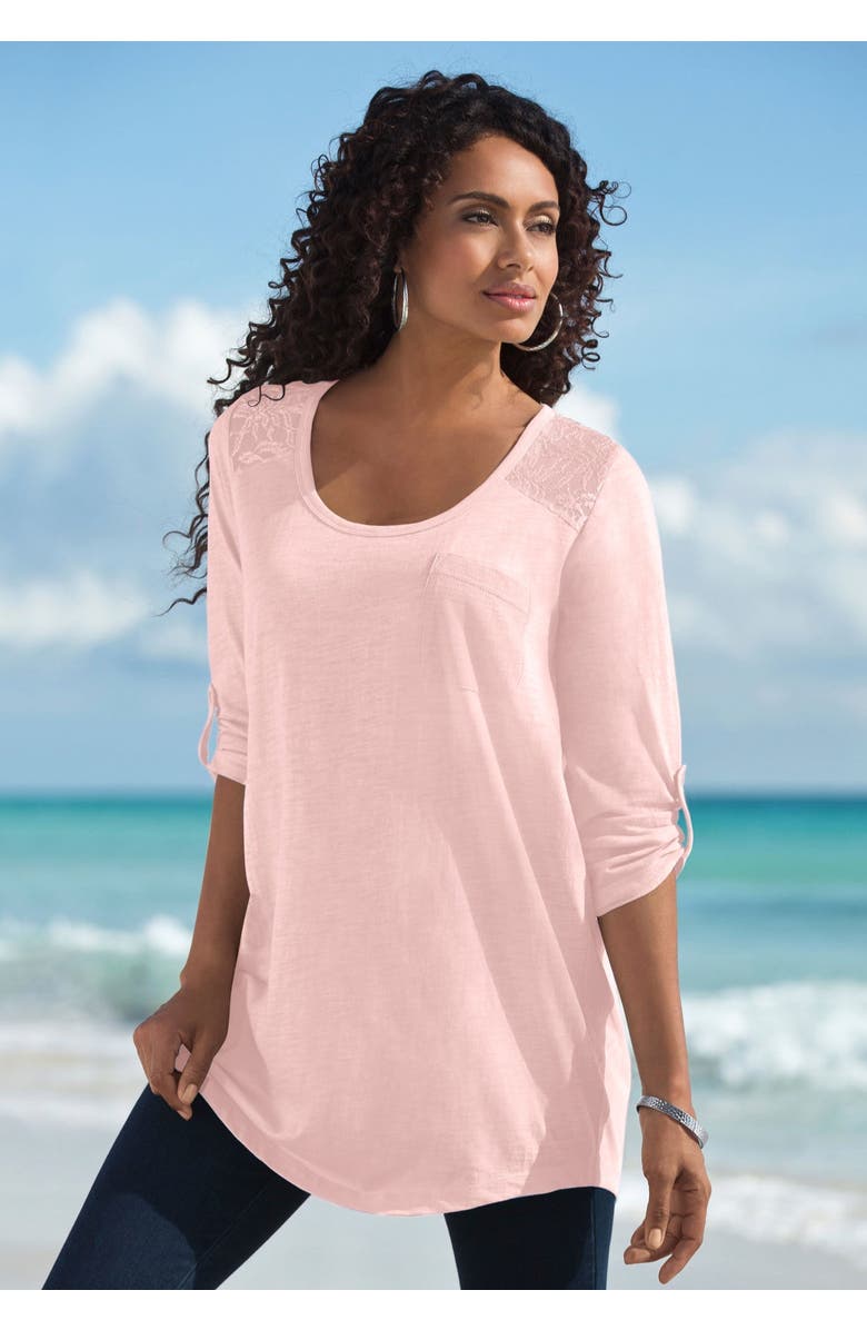 Roaman's Textured Lace Trimmed Tunic, Alternate, color, Dark Olive Green