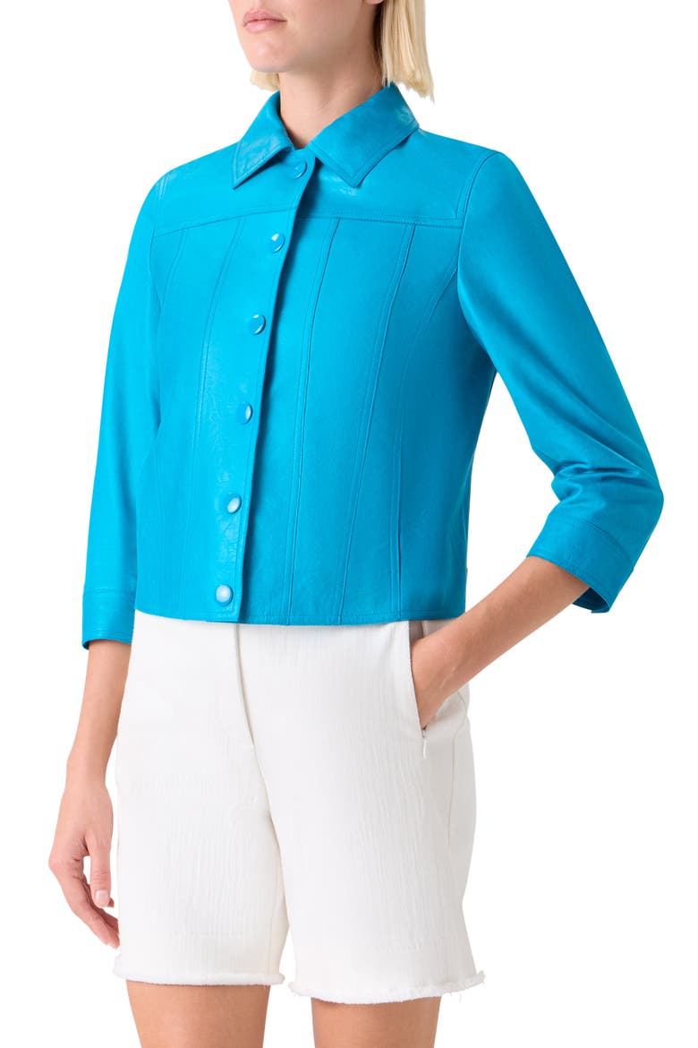 Crinkle Napa Leather Trucker Jacket, Alternate, color, TURQUOISE