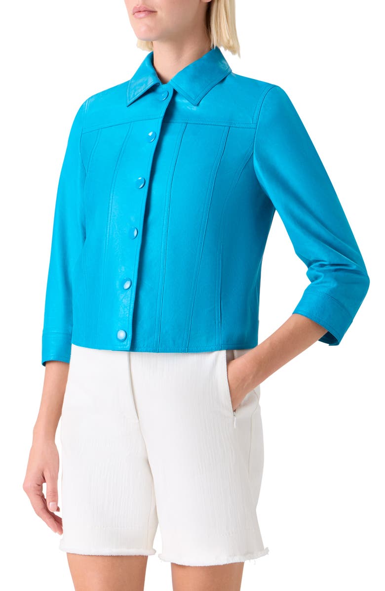 Akris punto Crinkle Napa Leather Trucker Jacket, Alternate, color, Turquoise