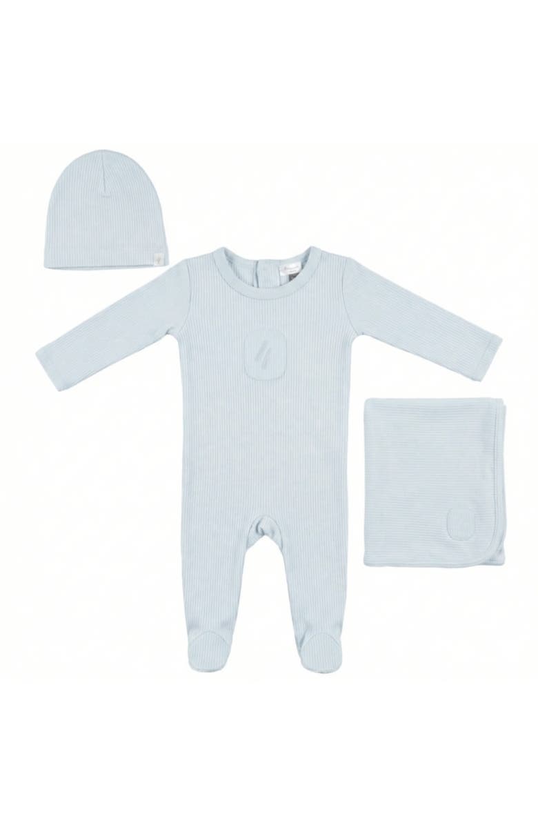 Little Fragile Soft Modal Rib Scalloped Binding Embossed Romper, Hat And Blanket Set, Main, color, Cool Sky
