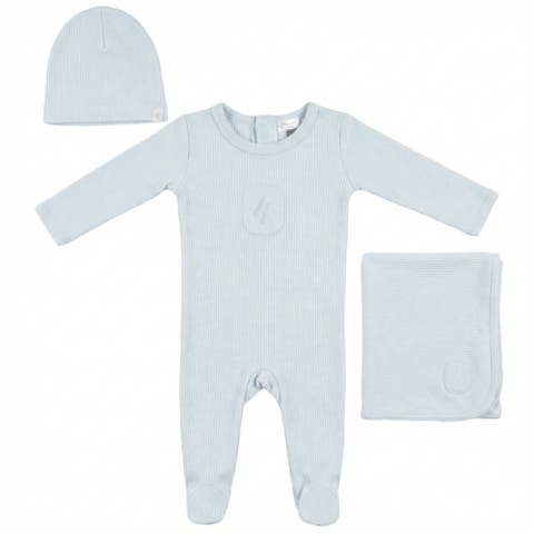 Soft Modal Rib Scalloped Binding Embossed Romper, Hat And Blanket Set