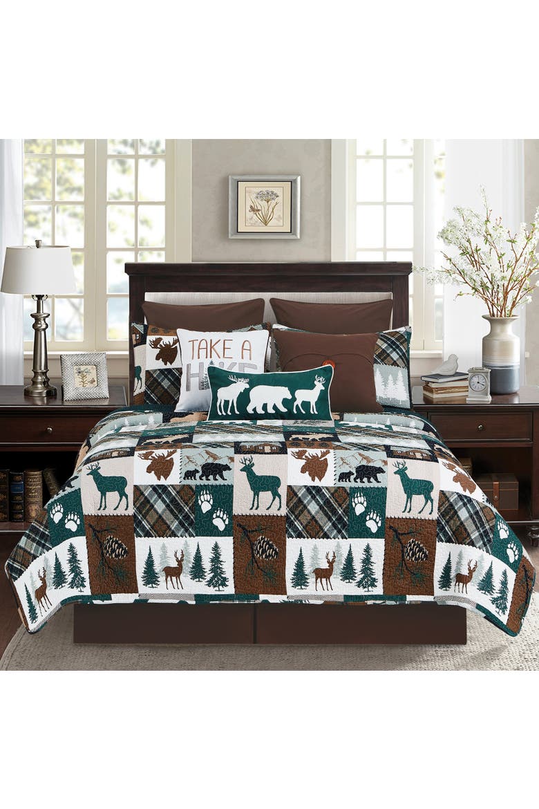 Fletcher Forest Rustic Lodge Cotton Quilt Set - Reversible and Machine Washable, Alternate, color, Brown