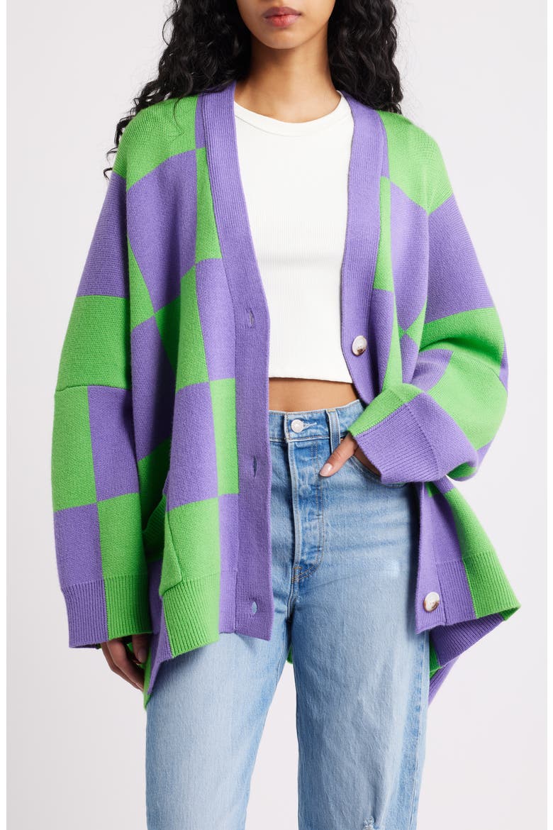 Love You Oversize Checkered Cardigan, Main, color, LAVENDER-GREEN