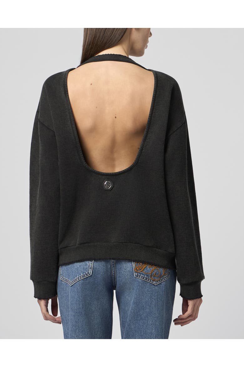 Open Back Sweatshirt Hexagon Stones Women, Alternate, color, black