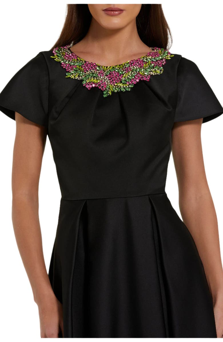 Mac Duggal Satin Flutter Sleeve Beaded Neckline Gown, Alternate, color, Black