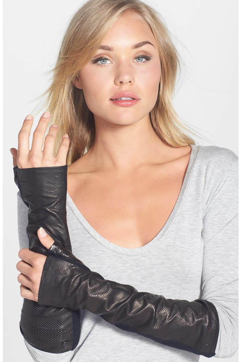 Perforated Leather & Wool Armwarmers, Main, color, BLACK/ BLACK MATTE