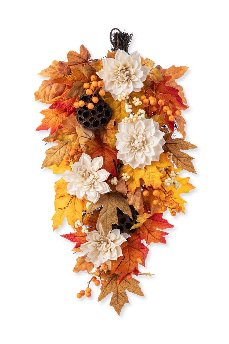 28"H Fall Dahlia Lotus Pod and Berry Teardrop, Main, color, Orange