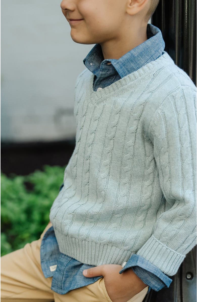 Hope & Henry Kids' Organic Long Sleeve Fine Gauge Cable V-Neck Sweater, Alternate, color, Dusty Blue Heather Cable