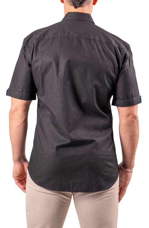 Maceoo Galileo Resistance0144 Black Geo Jacquard Short Sleeve Cotton Button-up Shirt