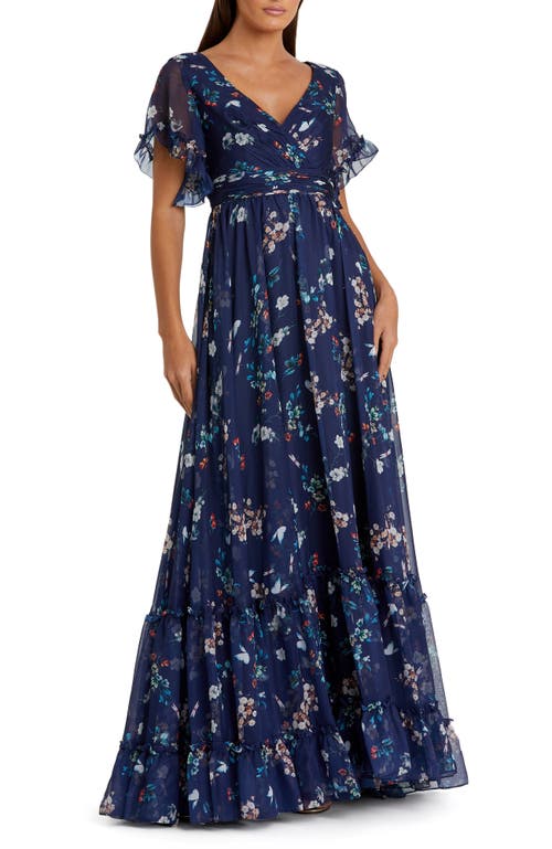 Mac Duggal Floral Flounce Sleeve A-line Gown In Navy Multi