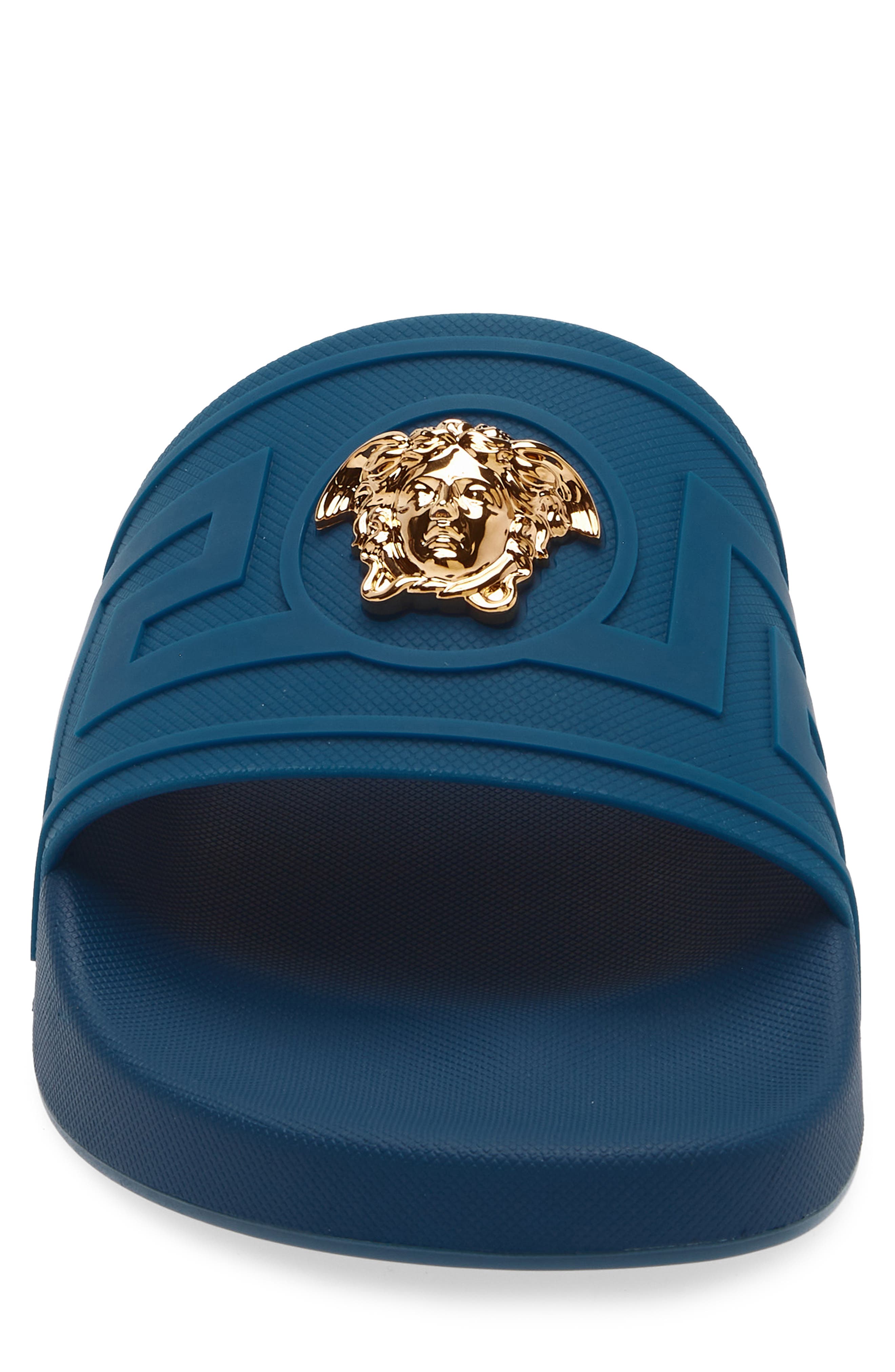 Versace La Medusa Slide Sandal, Alternate, color, Petrol Blue Gold
