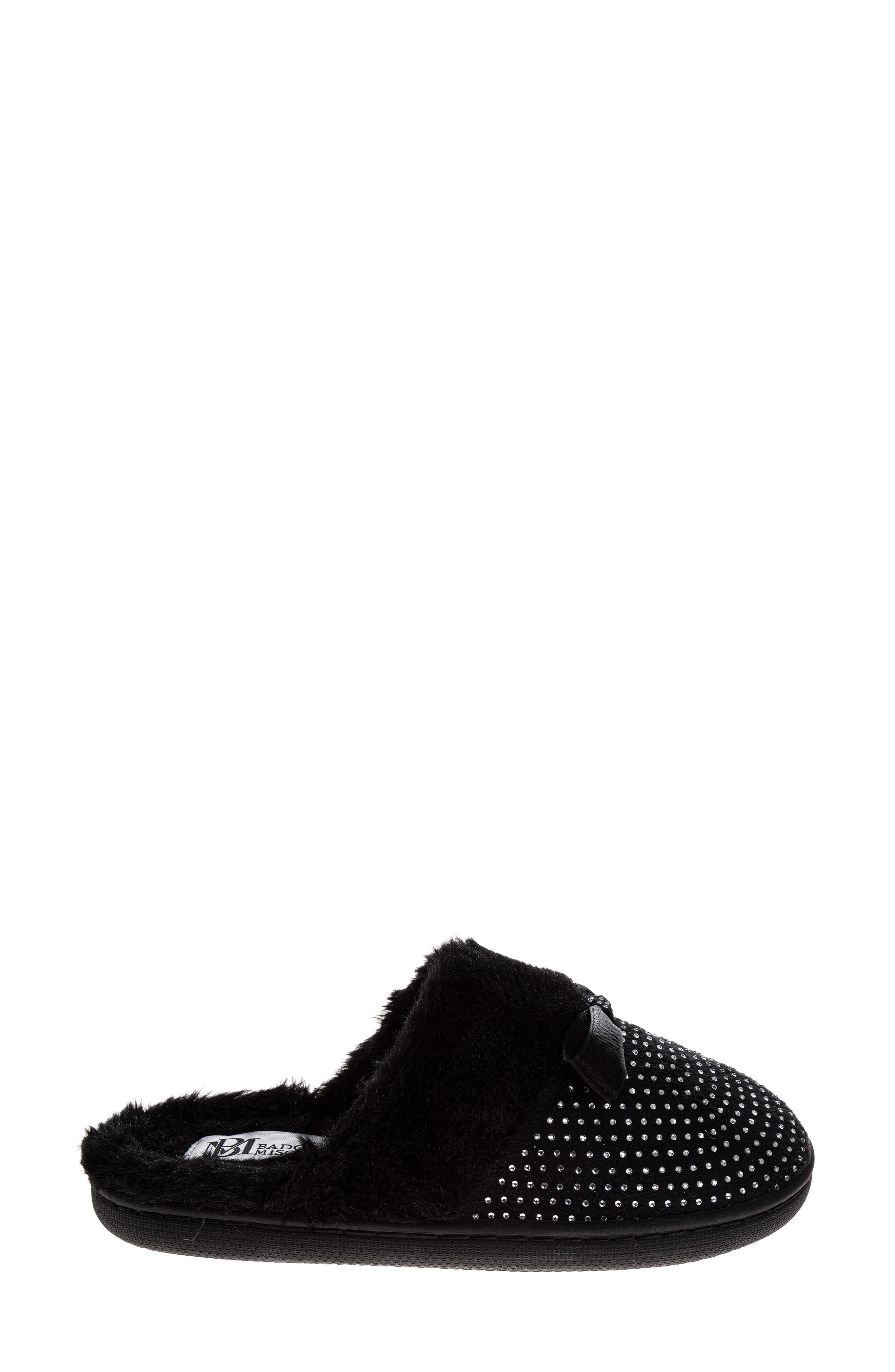BADGLEY MISCHKA Faux Fur Rhinestone Scuff Slipper, Alternate, color, Black