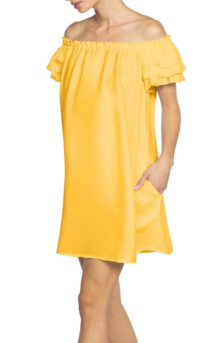 Robin Piccone Summer Ruffle Off the Shoulder Cover-Up Dress, Alternate, color, Yolk
