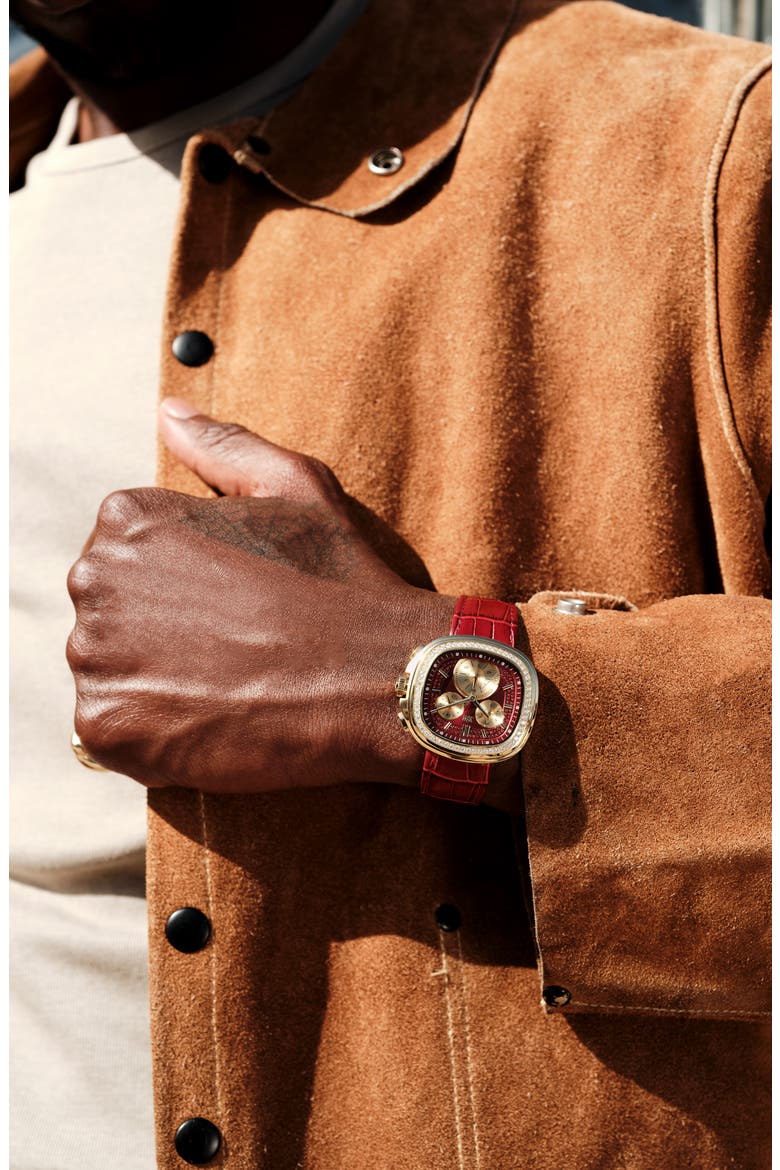 Coast Chronograph Leather Strap Watch, 22mm x 42mm, Alternate, color, GOLD/ MAROON