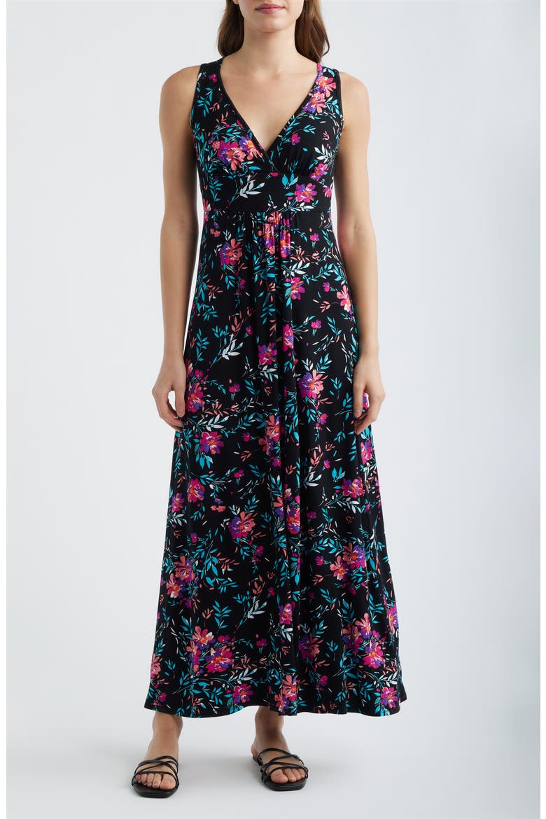 Floral Sleeveless Jersey Maxi Dress, Main, color, BLACK/ FUCHSIA