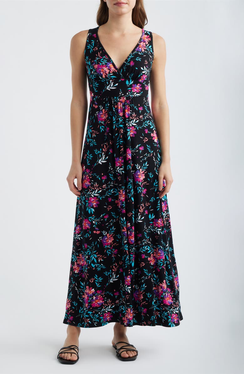Loveappella Floral Sleeveless Jersey Maxi Dress, Main, color, Black/ Fuchsia