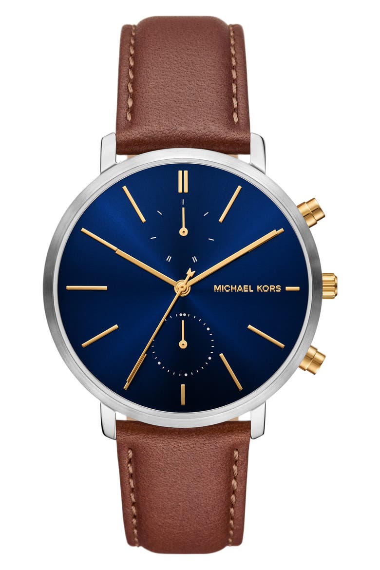 Blake Multifunction Leather Strap Watch, 42mm, Main, color, SILVER