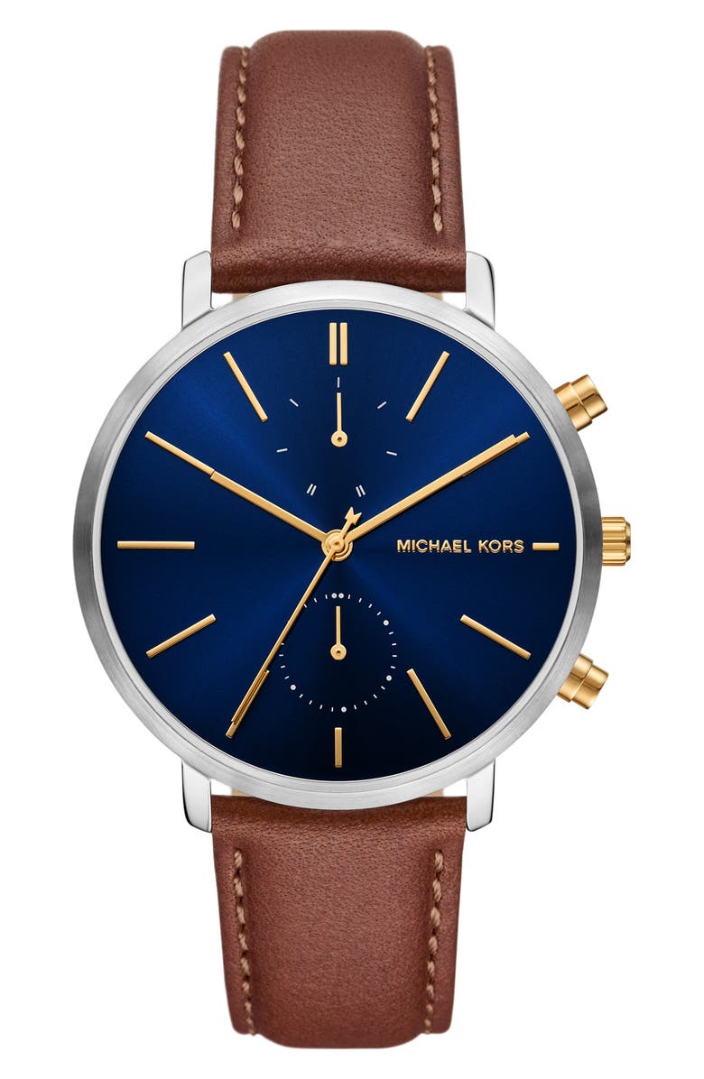 Michael Kors Blake Multifunction Leather Strap Watch, 42mm, Main, color, Silver/ Blue