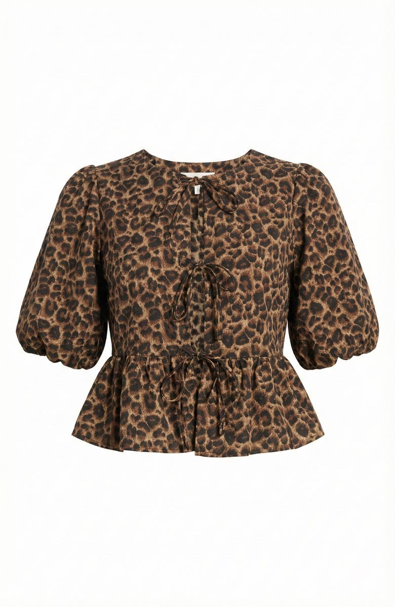Modenaire Peplum Top With Front Tie Closures And Short Puff Sleeves, Alternate, color, Leopard Print
