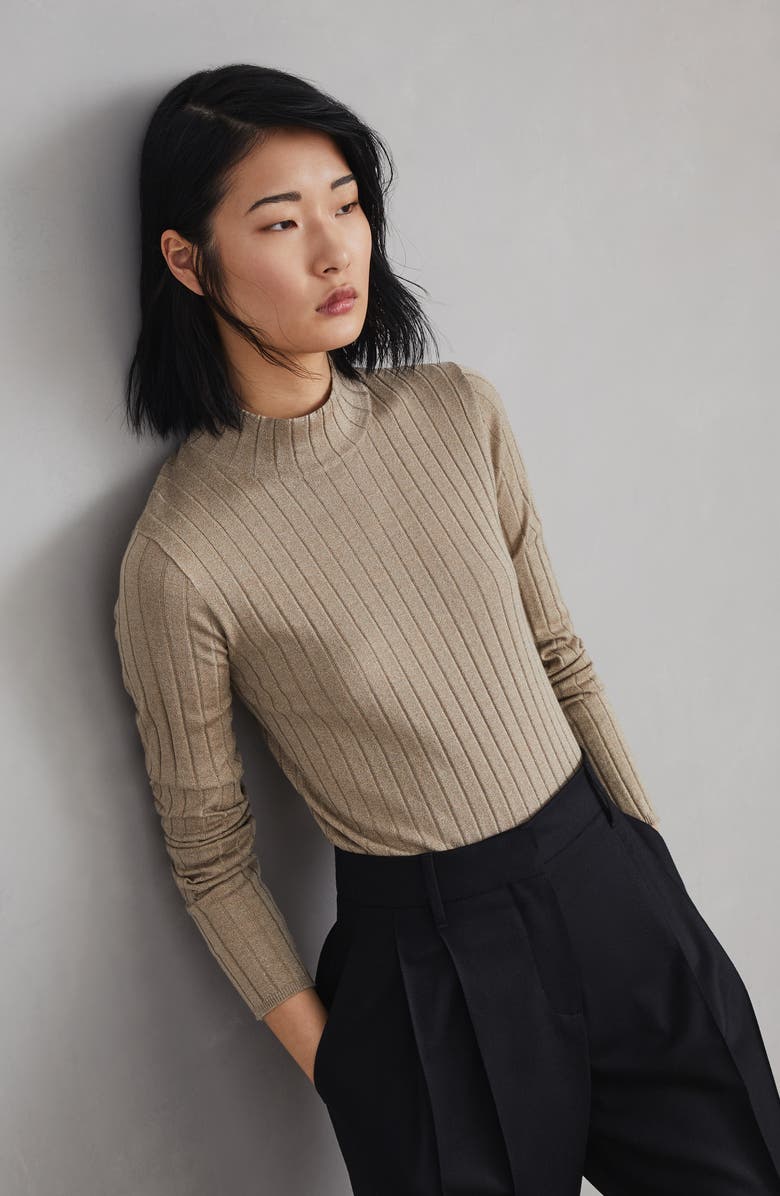 Brunello Cucinelli Sparkling cashmere and silk rib knit mock neck sweater, Alternate, color, 