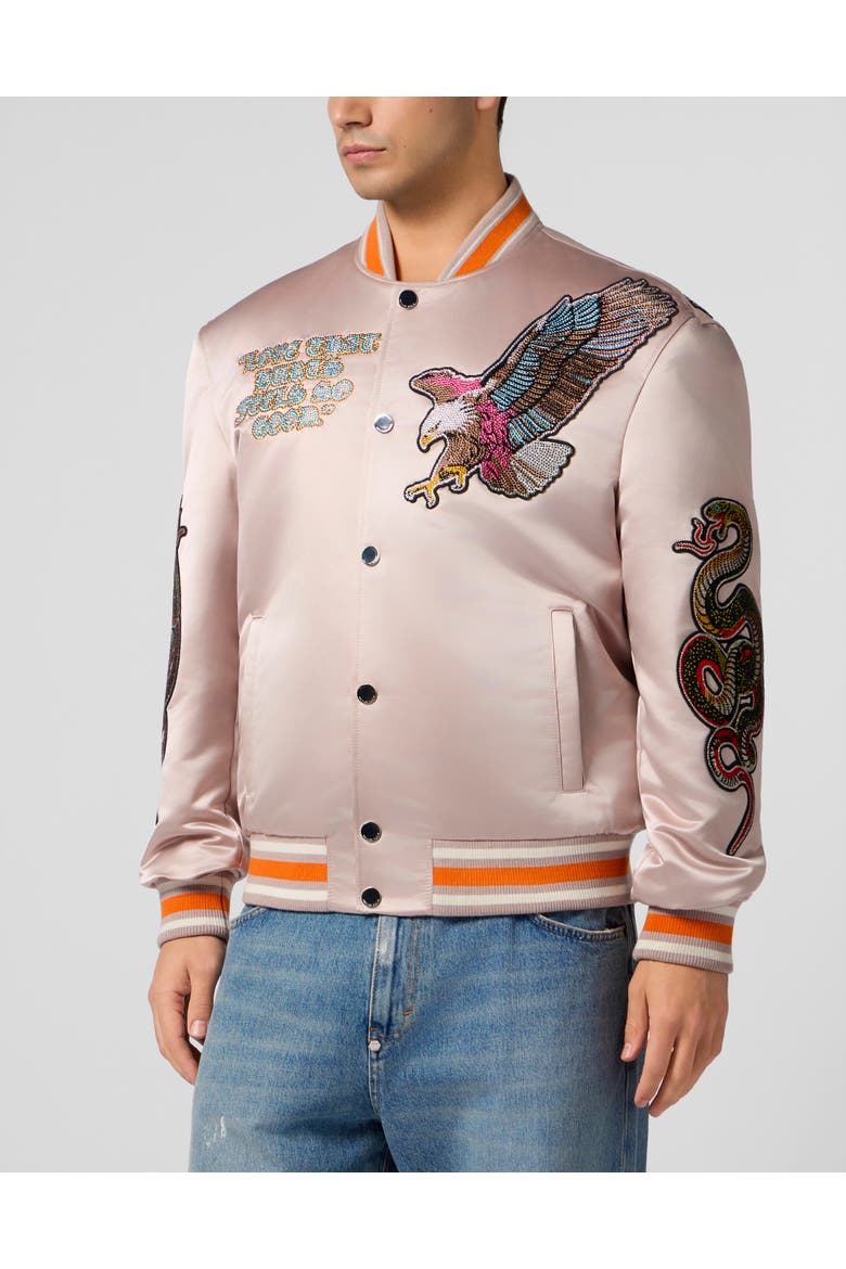 Shiny Satin Bomber Tattoo Patches Strass Men, Main, color, beige