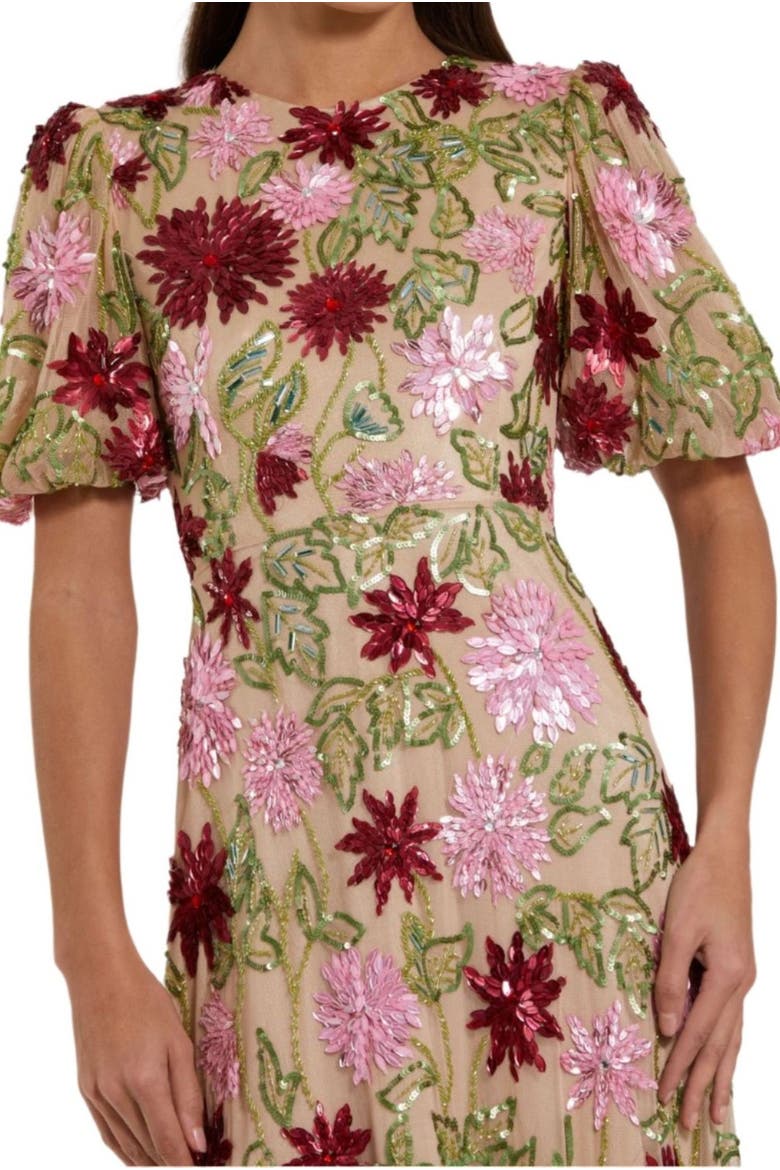 Floral Embroidered Mesh Gown with Statement Sleeves, Alternate, color, Nude Multi