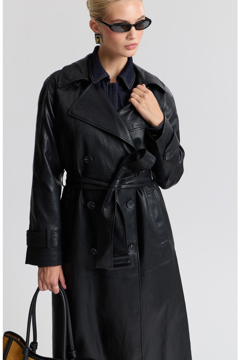 Oversize Raglan Faux Leather Trench Coat, Alternate, color, BLACK