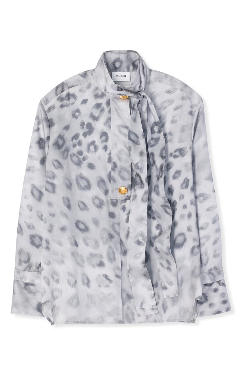 St. John Collection Painted Leopard Print Tie Neck Blouse, Alternate, color, 