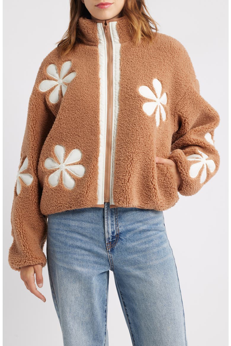 Flower Patch Faux Shearling Jacket, Alternate, color, BEIGE IVORY COMBO