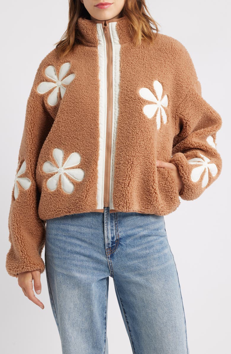 Thread & Supply Flower Patch Faux Shearling Jacket, Alternate, color, Beige Ivory Combo