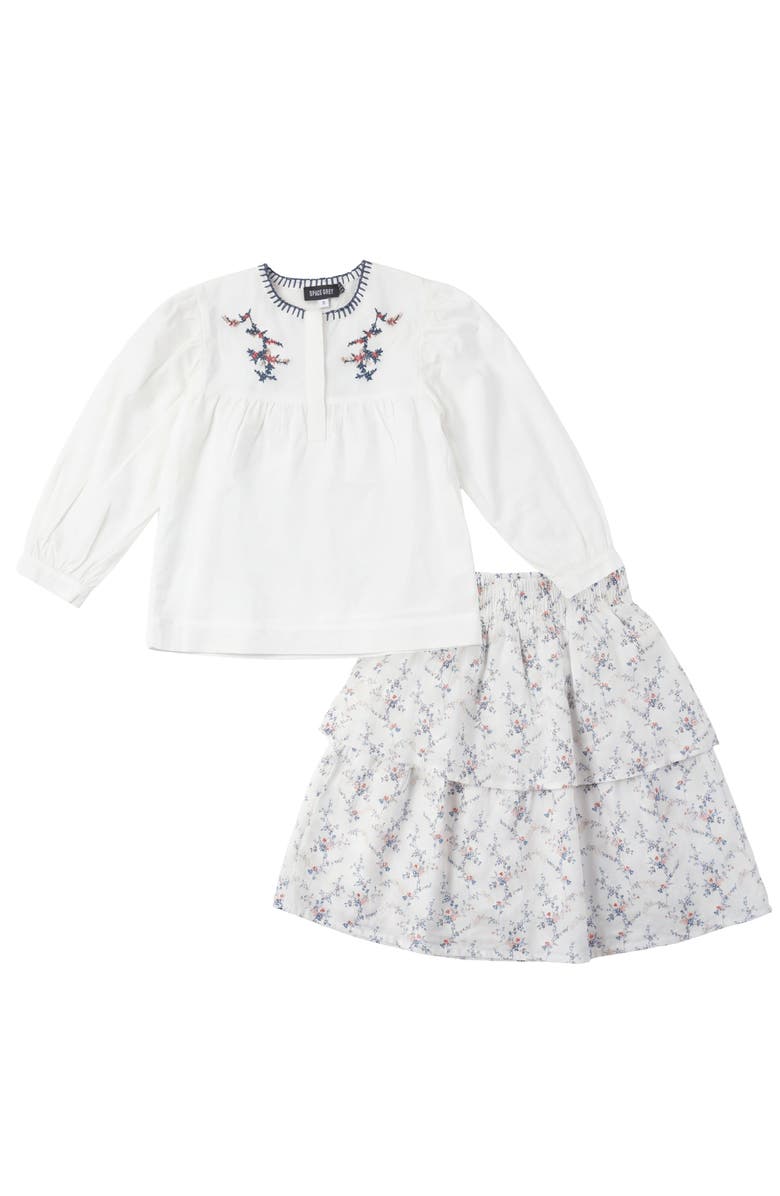 Space Grey Floral Emboidered Woven Long Sleeve Top and Skirt Set, Main, color, White