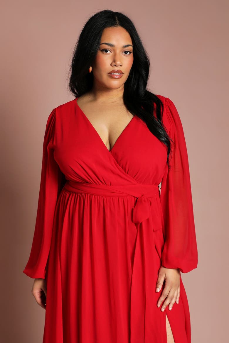 Plus V-Neck Wrap Maxi Dress, Alternate, color, Red