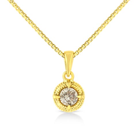 14K Yellow Gold Plated Silver 1/2 Cttw Diamond Solitaire Milgrain Pendant Necklace