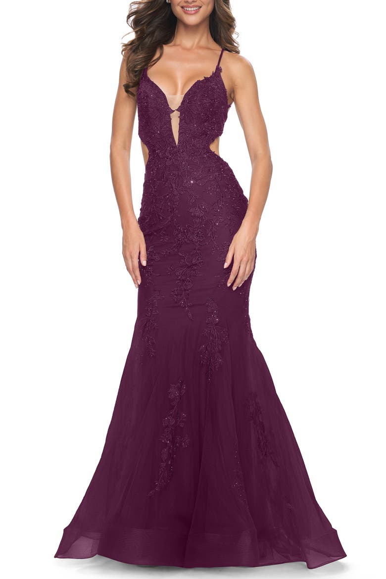 Lace and Tulle Mermaid Gown with Side Cut Outs in Jewel Tones, Alternate, color, Dark Berry