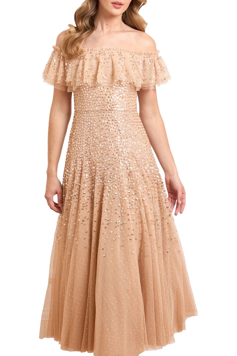 Dappled Sequin Off-Shoulder Ankle Gown, Alternate, color, Butterscotch