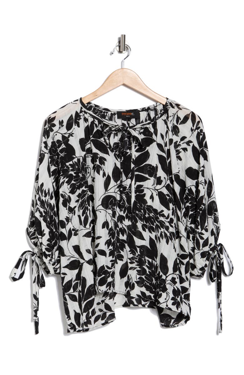 Renee C Floral Tie Sleeve Top, Alternate, color, Black/ White