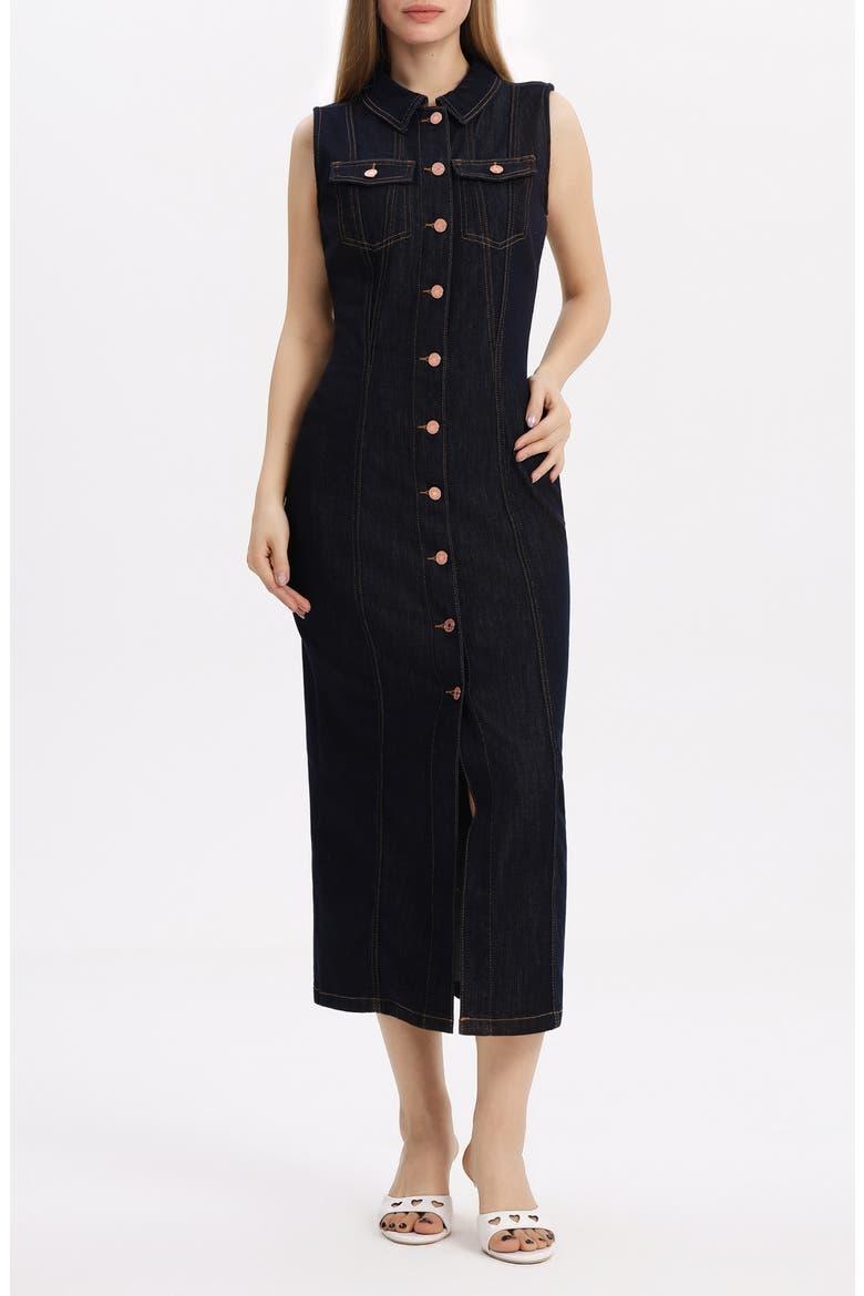 Julia Belted Sleeveless Denim Midi Dress, Main, color, RAW DENIM