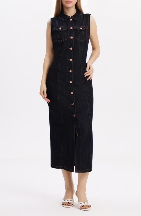 Julia Belted Sleeveless Denim Midi Dress