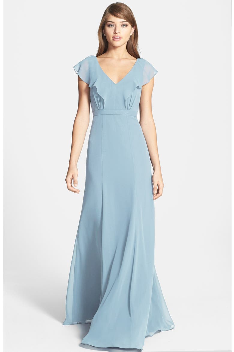 Cecilia Ruffled V-Neck Chiffon Long Dress, Main, color, CEIL BLUE