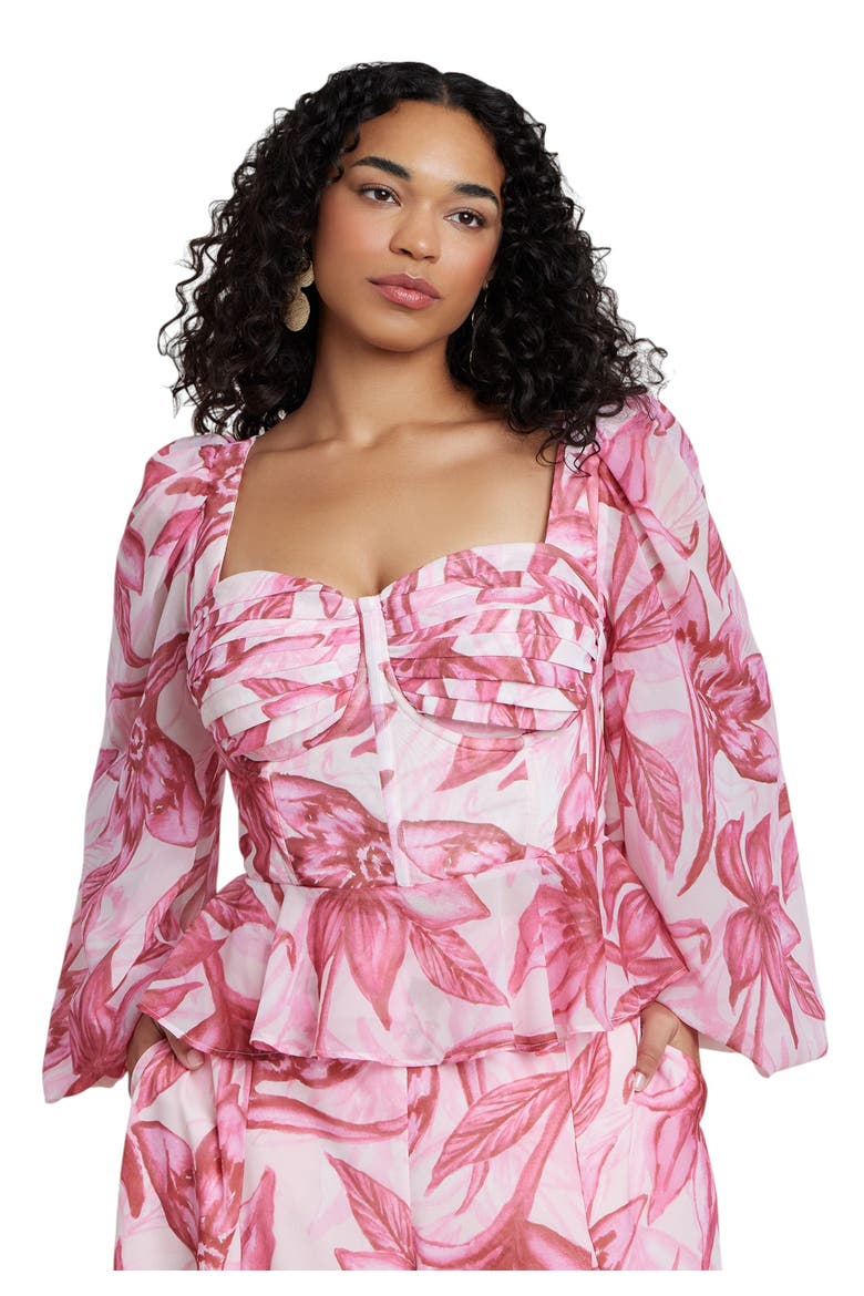 Patbo X Eloquii Puff Sleeve Peplum Top, Main, color, SAFFRON BLOOMS