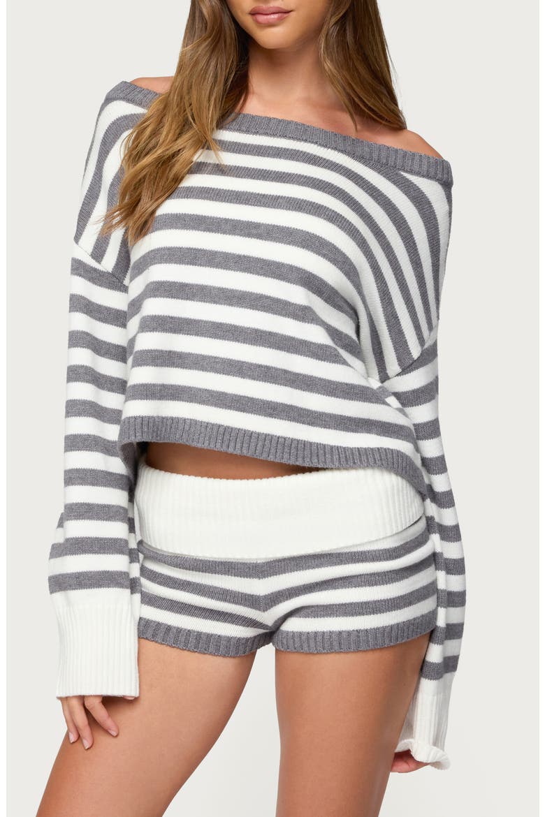 Saphi Stripe Off the Shoulder Sweater, Main, color, GRAY-AND-WHITE