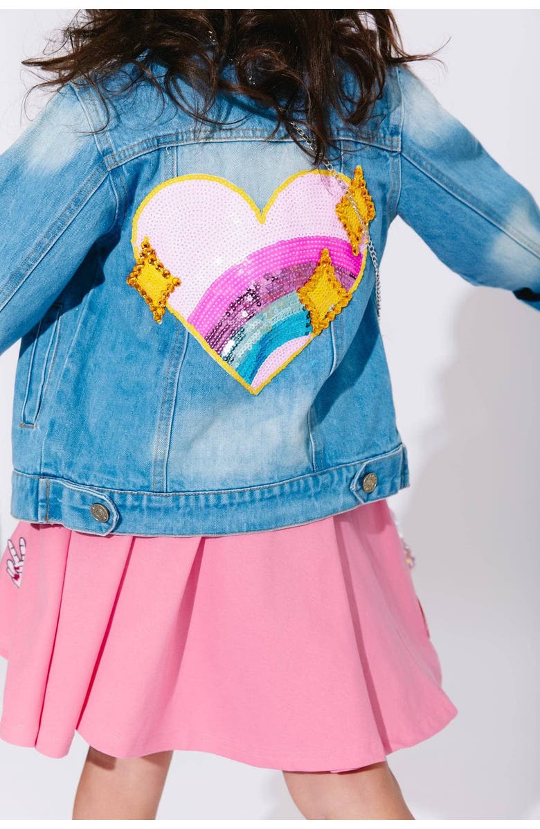 Lola + The Boys Sparkle Rainbow Heart Denim Jacket, Alternate, color, 