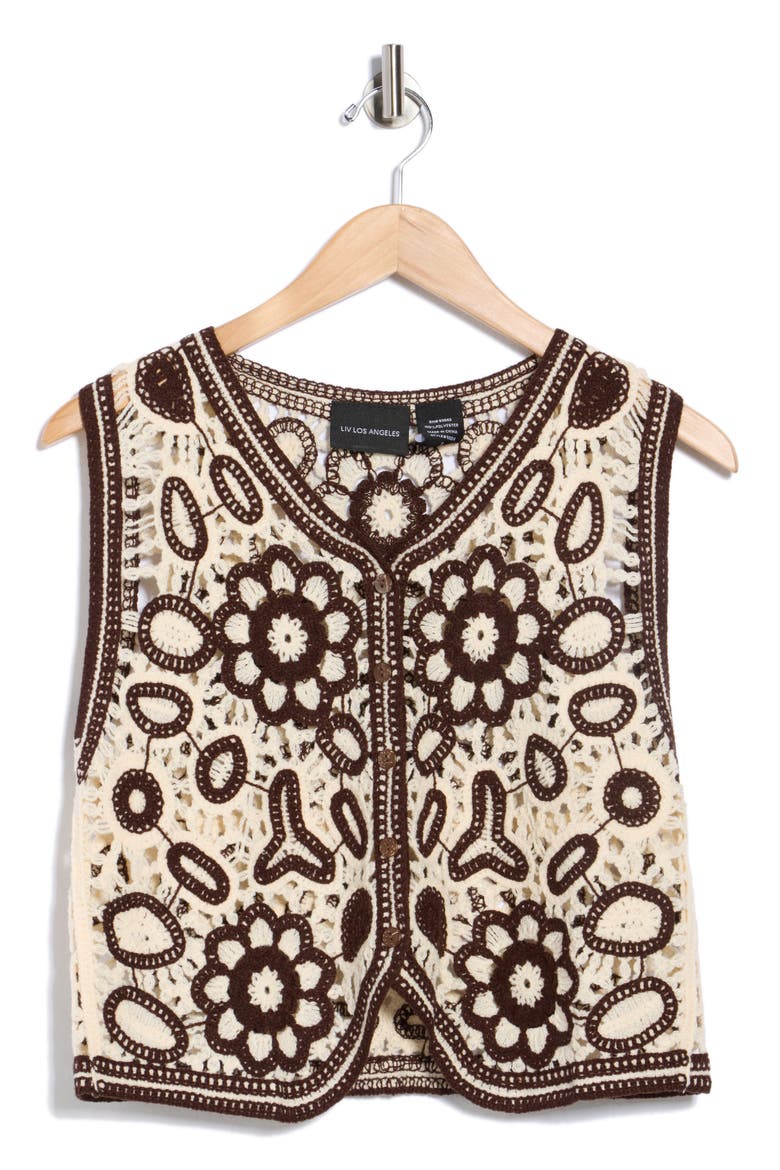 Floral Embroidered Open Knit Button Tank, Alternate, color, NATURAL/ DARK BROWN