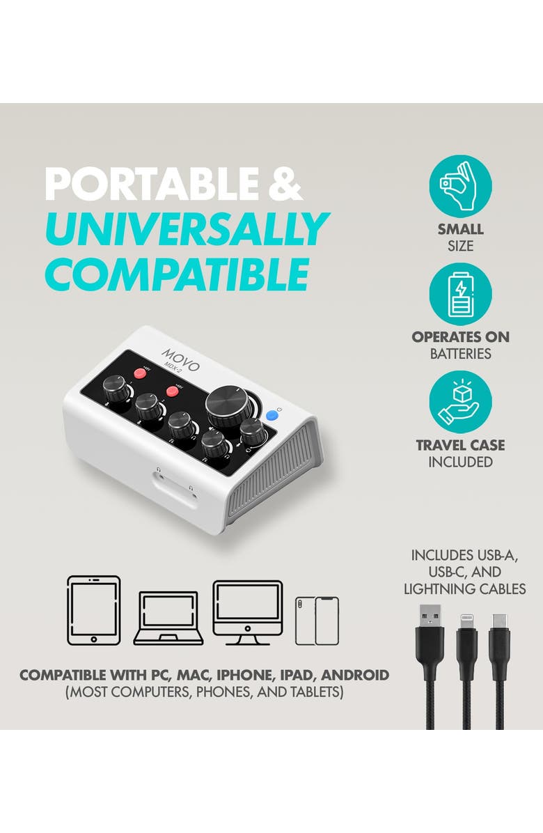 MOVO MDX-2 2 Channel XLR Portable Audio Interface Compatible with PC, Mac, iPhone, iPad, and Android, Alternate, color, Black