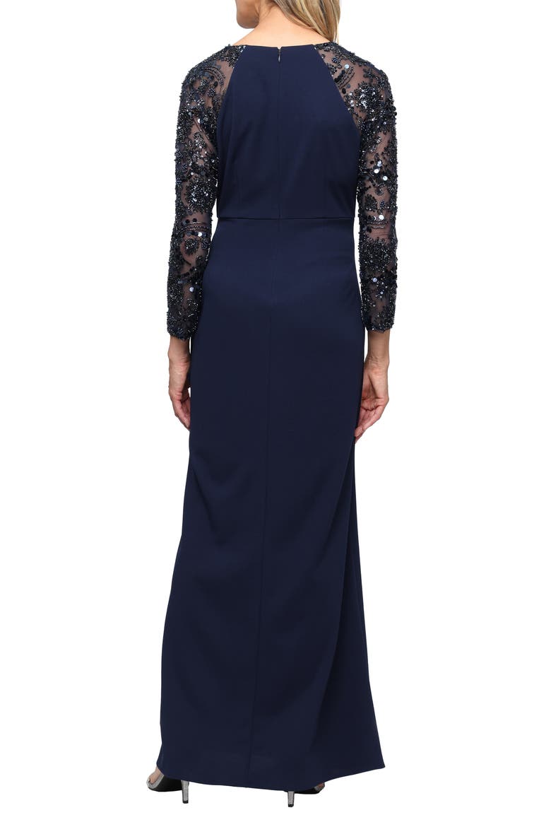 Beaded Long Sleeve Crepe Gown, Alternate, color, NAVY