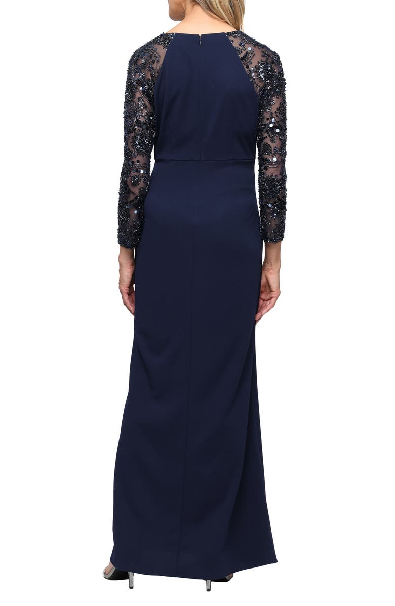 SL FASHIONS Beaded Long Sleeve Crepe Gown, Alternate, color, Navy