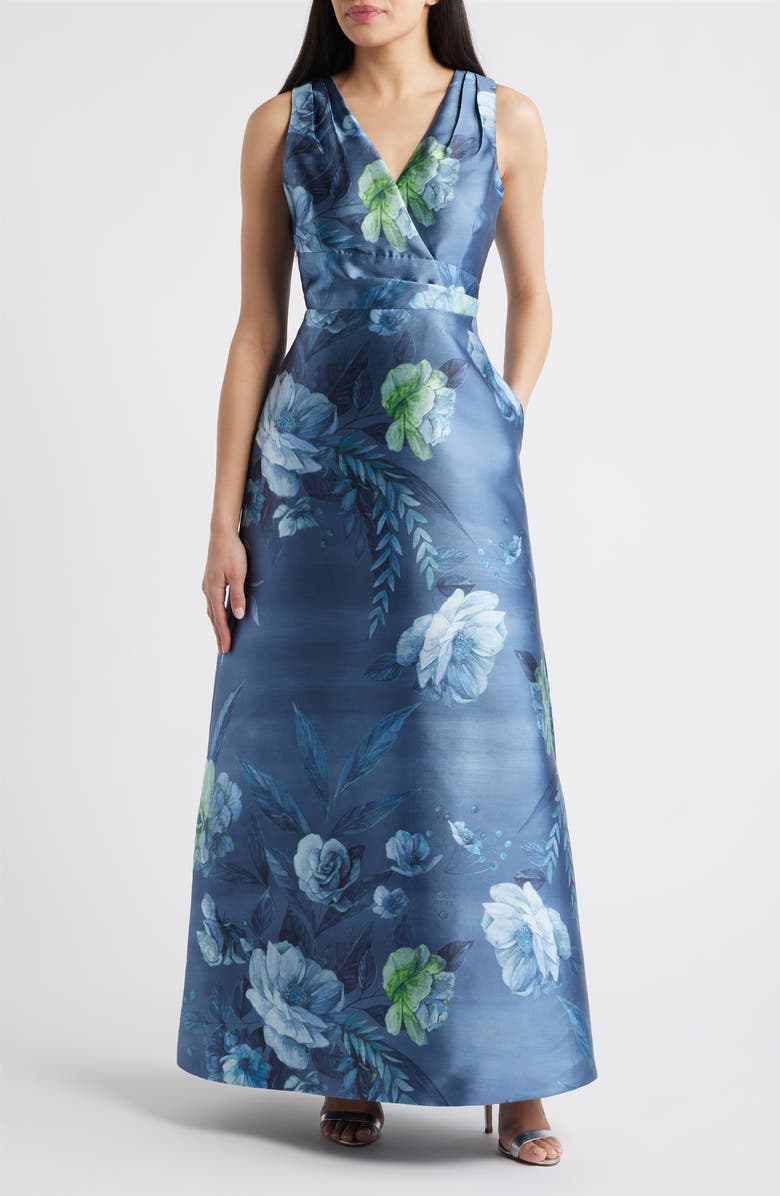 Kay Unger Rosalind Floral Evening Gown, Main, color, Teal Blue