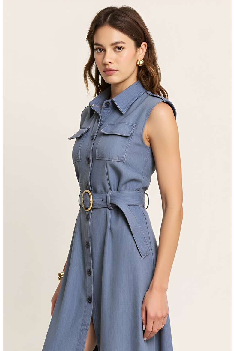 Belted A-Line Midi Dress with Shoulder Buttons and Pockets, Alternate, color, Blue
