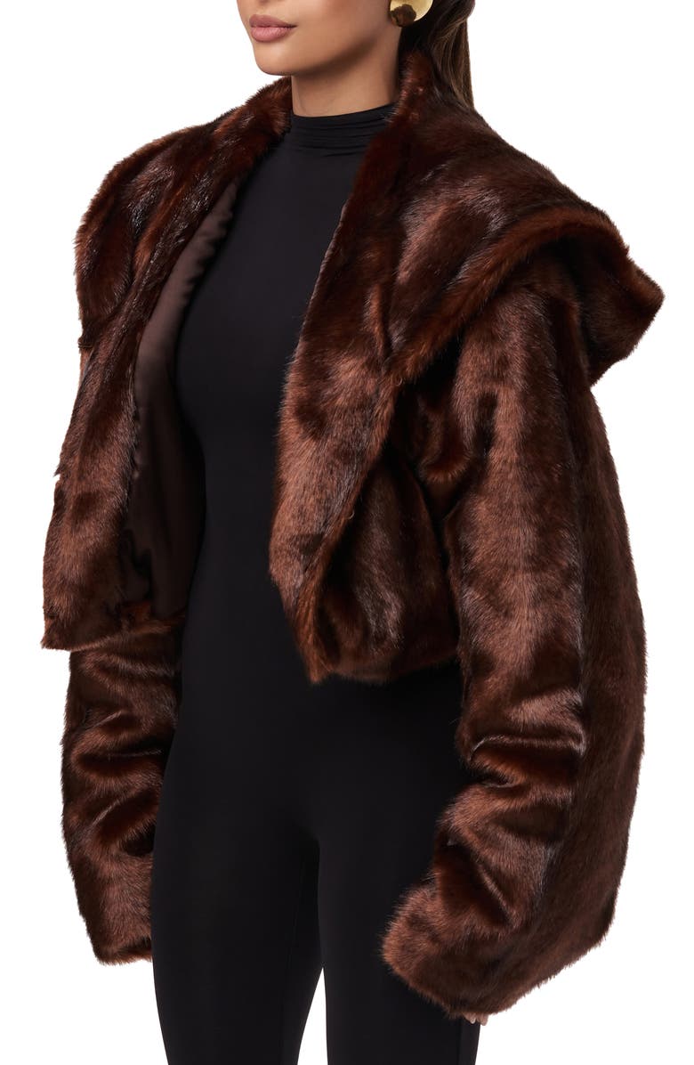 Naked Wardrobe Hooded Faux Fur Crop Jacket, Alternate, color, Chocolate