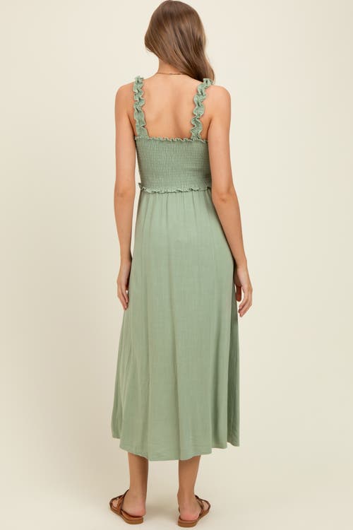 Pinkblush Smocked Button Front Linen Blend Midi Dress In Green